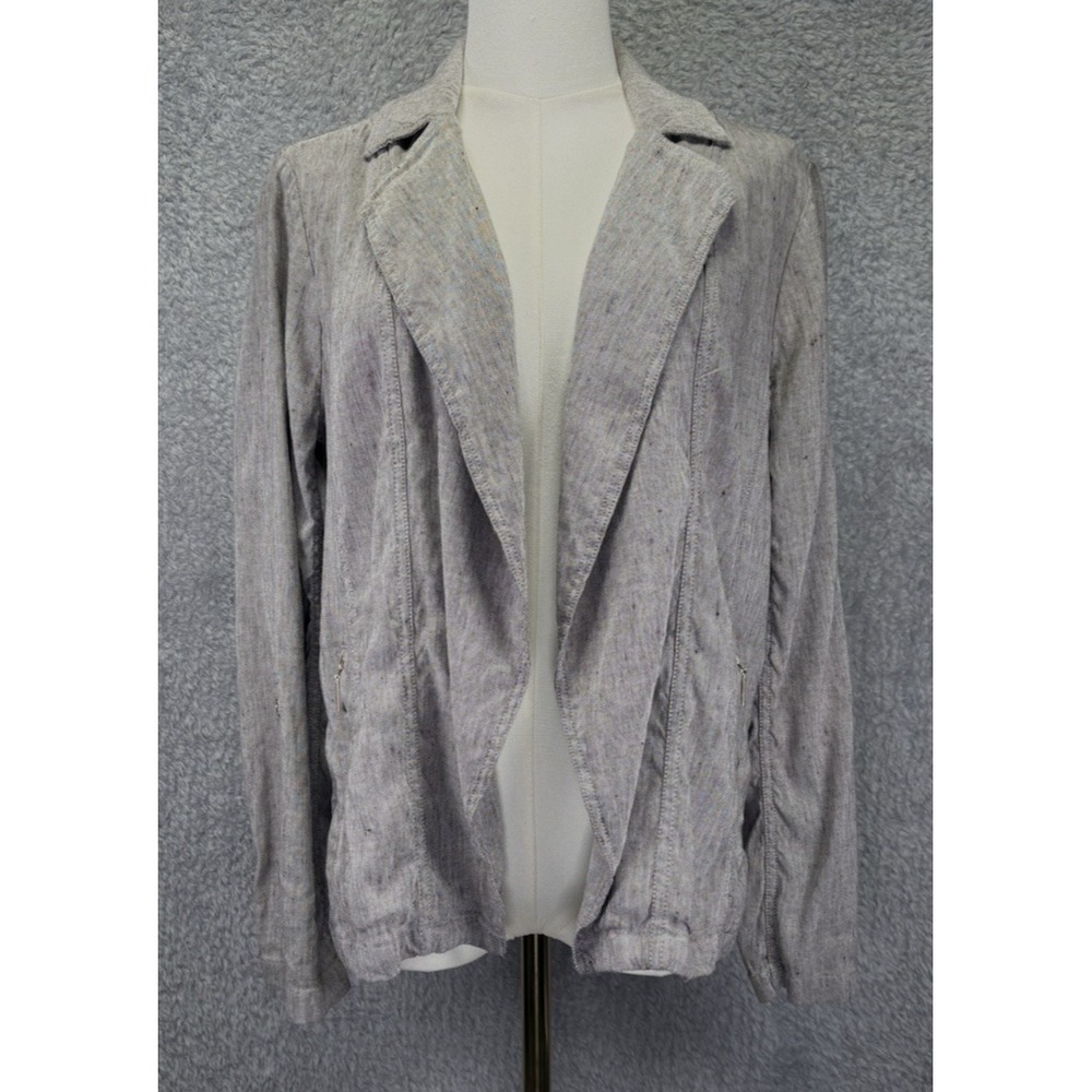 Chicos Womens 0 Small Linen Blend Jacket Gray Stretch Gold Zip Pockets Minimal